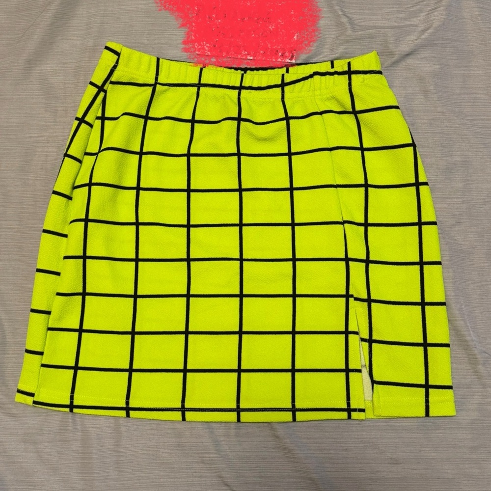 SHEIN Neon Lime Green Yellow Pencil Mini Skirt with Black Grid